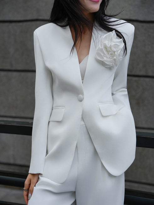 3D Floral Appliqué Tailored Blazer & Wide-Leg Trousers Suit Set – Elegant Office Two‑Piece Ensemble