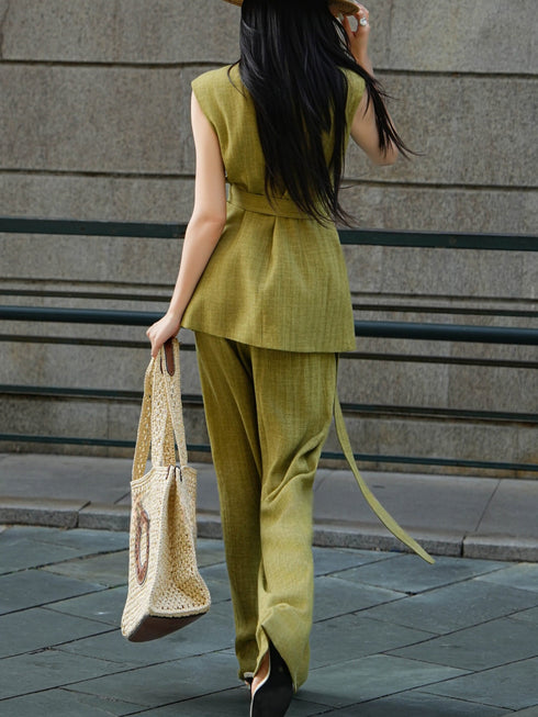 Old Money Minimalist Sleeveless Belted Vest & Wide-Leg Pants Set – Elegant Office Two-Piece Suit