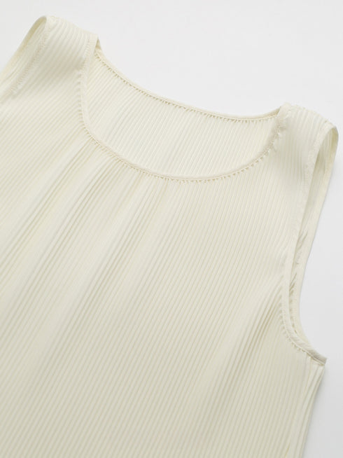 Miyake-Inspired Pleated Petal Sleeveless Top & Midi Skirt Set – Vanilla Cream Sculptural Ensemble