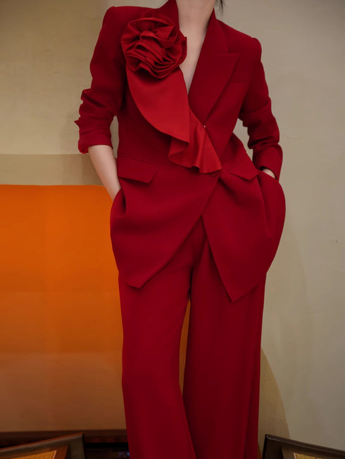 Luxury Floral Appliqué Blazer & Wide-Leg Trousers Suit Set – Elegant Designer Women's Power Suit