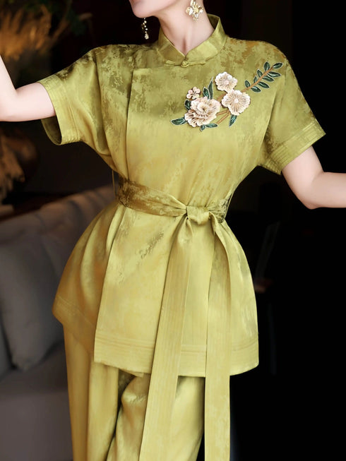 Embroidered Jacquard Silk‑Touch Cheongsam Top & Wide‑Leg Pants Set – Belted Waist Two‑Piece Suit
