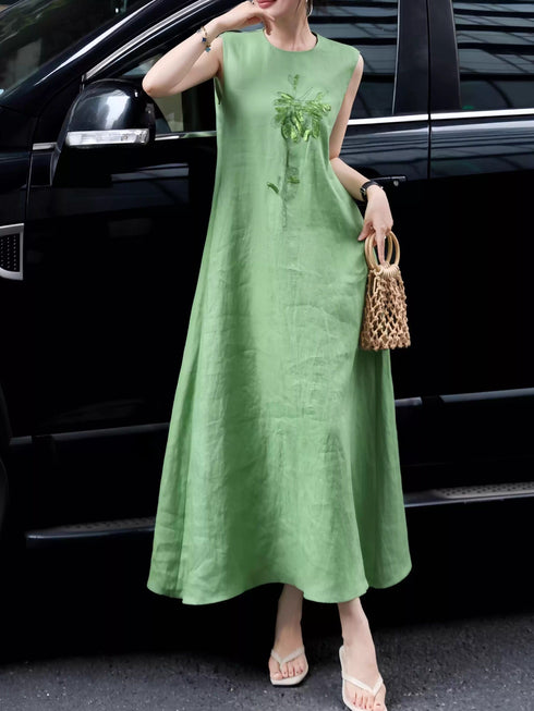 Minimalist Linen Embroidered Sleeveless Maxi Dress – Elegant One‑Piece Summer Linen Dress