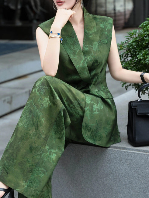Luxury Silk Jacquard Tailored Vest & Wide-Leg Pants Set – Summer Waist-Cinched Two-Piece Suit