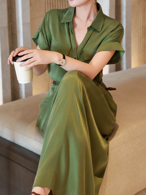 Luxury Cupro Utility Shirt Maxi Dress – Elegant Belted Workwear-Inspired Long Dress