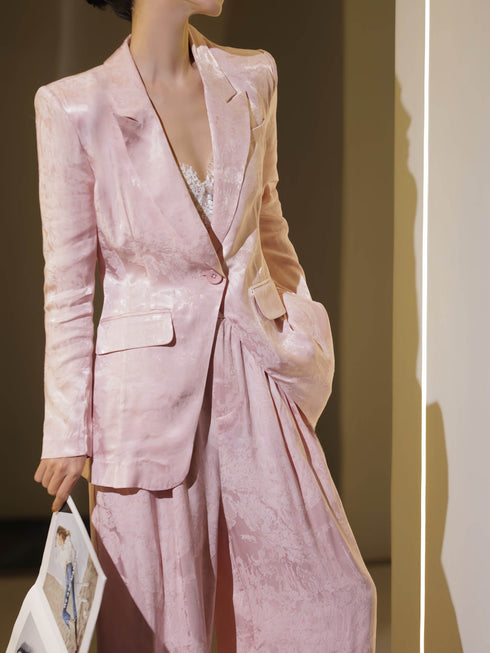 Luxury Jacquard Tailored Blazer & Wide-Leg Trouser Suit – Sculpted Waist Elegant Workwear Set