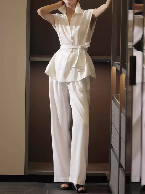 Minimalist Linen Sleeveless Blouse & Wide-Leg Pants Set – Summer Tailored Two-Piece Outfit