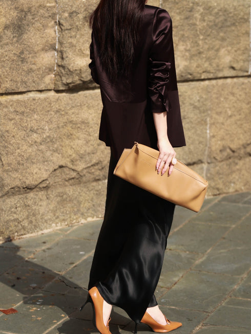 Acetate Tailored Blazer & Satin Maxi Skirt Set – Elegant Waist-Cinched Office Suit