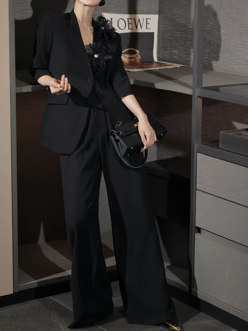 French Elegant Collarless Blazer & Wide-Leg Pants Set – Pearl Floral Embellished Tailored Three‑Piece Suit