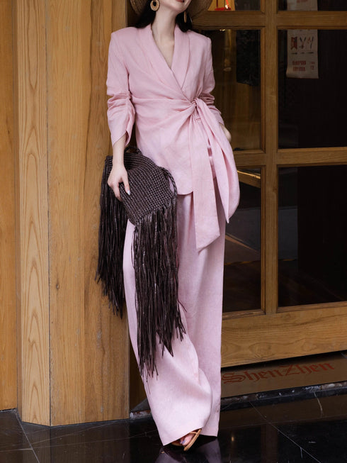 Old Money Linen Wrap Blazer & Wide-Leg Pants Set – 100% Linen Relaxed Tailored Suit for Women