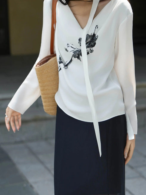 Luxury White Silk Ink-Wash Print Blouse – 100% Silk Tie-Neck Designer Top