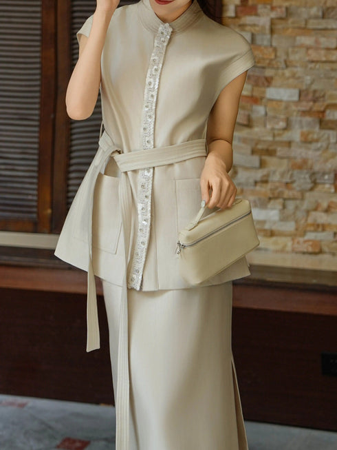 Luxury Beaded Sleeveless Vest & Midi Skirt Set – Elegant Linen Blend Two‑Piece Suit