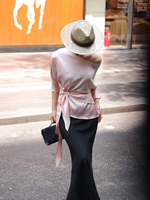 100% Mulberry Silk Asymmetric One-Shoulder Draped Top – Waist-Tie Elegant Long Sleeve Blouse