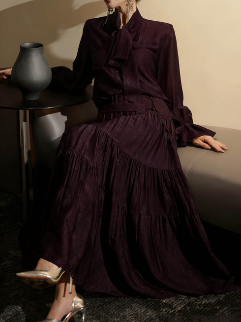 Elegant Tie-Neck Petal Sleeve Blouse & Flowing A-Line Maxi Skirt Set – Luxury Acetate Two‑Piece Ensemble