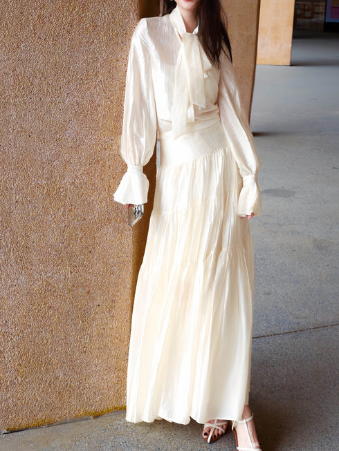 Acetate Tie‑Neck Blouse & Tiered Maxi Skirt Set – Resort Elegance Two‑Piece Outfit