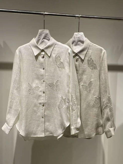 French Vintage Linen Embroidered Shirt & Lace Maxi Skirt Set – Luxury Butterfly Cutwork Summer Ensemble