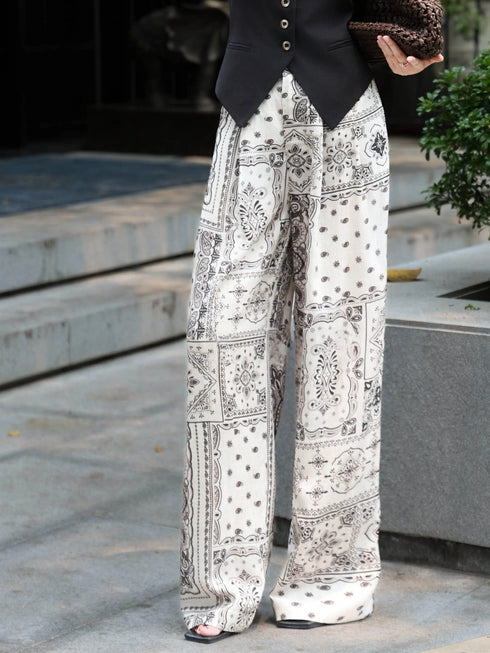 Tailored V-Neck Vest & Paisley Print Wide-Leg Pants Set – Elegant Summer Workwear Two‑Piece