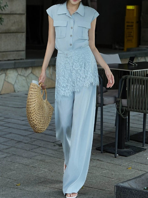 Old Money Relaxed Sleeveless Vest & Lace Overlay High‑Waisted Wide‑Leg Pants Three‑Piece Set
