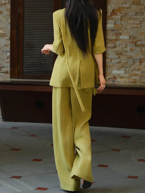 Summer Old Money Lace-Layered Blazer & Wide-Leg Pants Set – Elegant 4‑Piece Linen Lyocell Suit