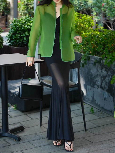 100% Mulberry Silk Sheer Mandarin Collar Sun-Protective Blouse – Lightweight Summer Layer