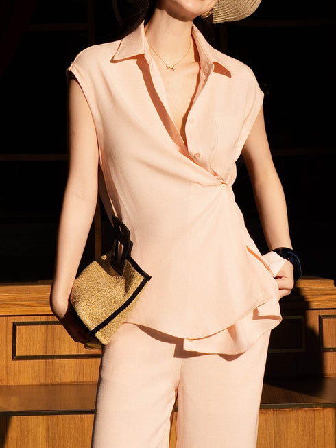 Old Money Linen Two‑Piece Set – Sleeveless Button Shirt & Wide‑Leg Tailored Pants