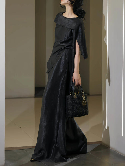 French Elegant Draped Cape Top & Wide-Leg Pants Set – Luxury Minimalist Statement Two-Piece