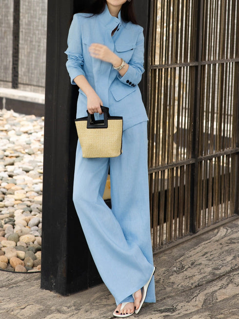 Luxury 100% Linen Utility Jacket & Wide-Leg Pants Set – Quiet Luxury Tailored Workwear Suit