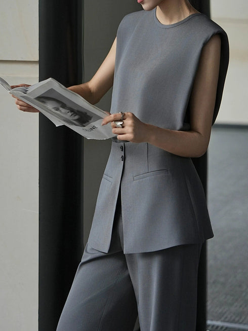French Minimalist Sleeveless Top & Detachable Overskirt Wide-Leg Pants Set – Elegant Tailored Summer Two‑Piece