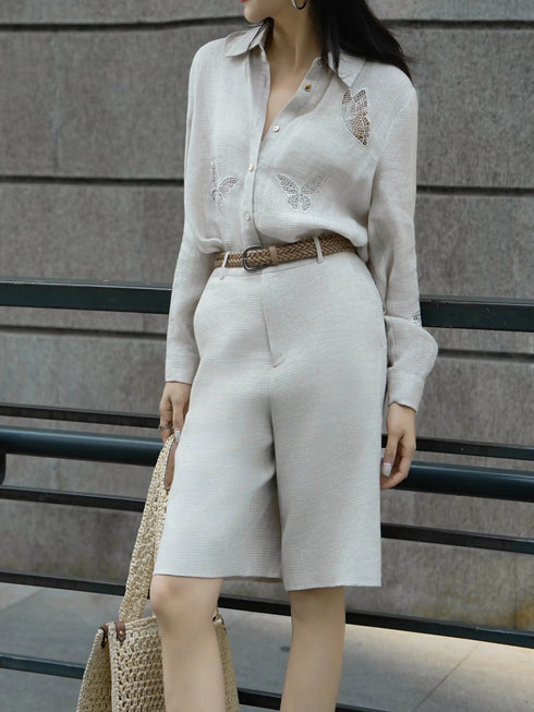Quiet Luxury 100% Linen Butterfly Embroidered Shirt & Tie‑Waist Pants Set – Elegant Old‑Money Summer Outfit