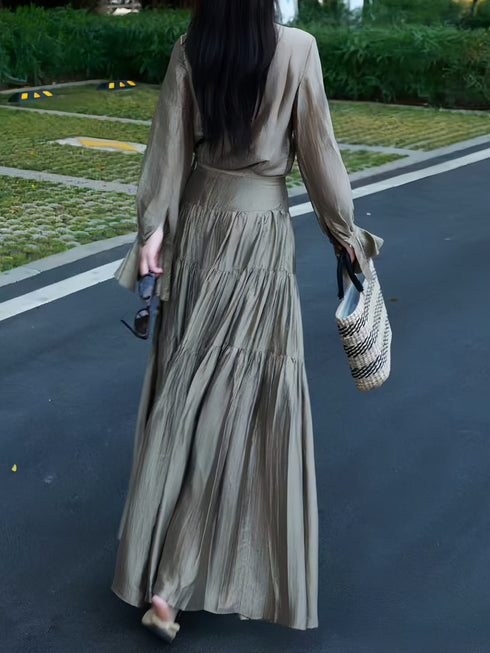 Acetate Tie‑Neck Blouse & Tiered Maxi Skirt Set – Resort Elegance Two‑Piece Outfit