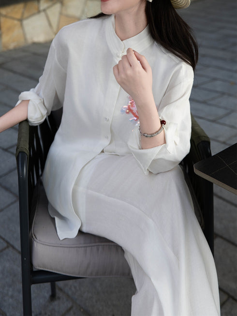 100% Linen Relaxed Embroidered Shirt & Wide-Leg Pants Set – Luxury Linen Two-Piece Outfit