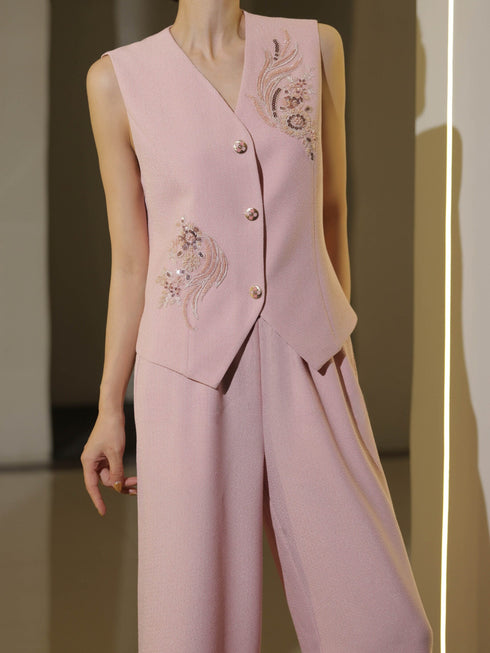 Old-Money Embroidered Waist-Cinched Vest & Wide-Leg Trouser Set – Elegant Tailored Spring Summer Suit