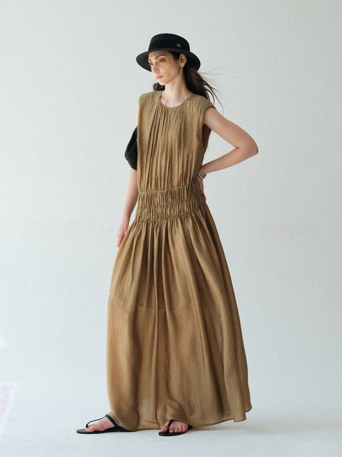 Pearlescent Acetate Braided Halter Maxi Dress – Hand-Smoked Sleeveless Resort Gown