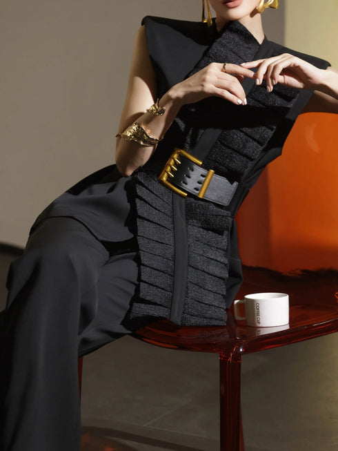 Architectural Ruffle-Panel Sleeveless Vest & Wide-Leg Trousers Set – Elegant Belted Workwear Ensemble