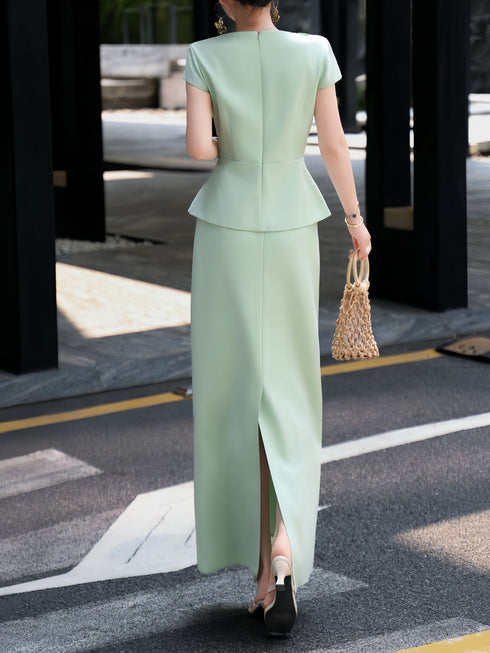 Luxury 3D Floral Waist-Cinched Jacket & Column Skirt Set – Elegant Structured Two‑Piece Dress Suit