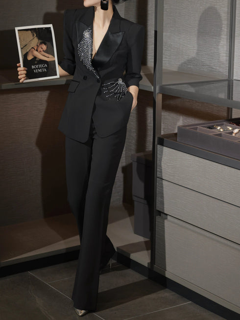 Luxury Crystal-Embellished Tailored Blazer & Flared Pants Suit – High-End Women's Power Set