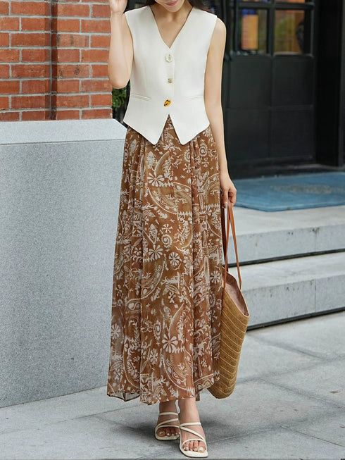 French Vintage Argyle Print Chiffon A-Line Maxi Skirt – Elegant Flowing High-Waist Skirt