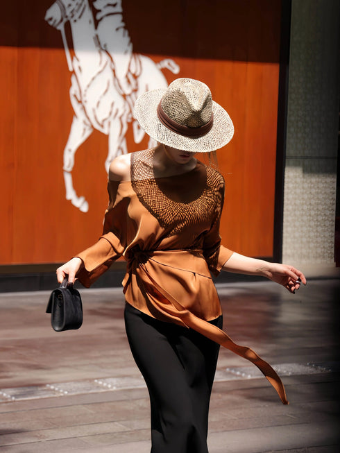100% Mulberry Silk Asymmetric One-Shoulder Draped Top – Waist-Tie Elegant Long Sleeve Blouse