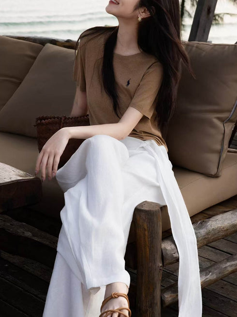 High-Waisted Asymmetric Wrap Linen Wide-Leg Pants – White Draped Resort Trousers