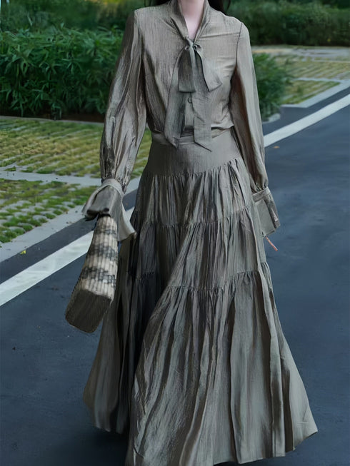 Acetate Tie‑Neck Blouse & Tiered Maxi Skirt Set – Resort Elegance Two‑Piece Outfit