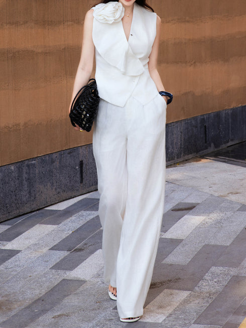 100% Linen Relaxed Flower-Appliqué Vest & Wide-Leg Pants Set – Sculptural Summer Suit
