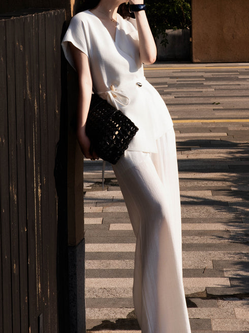 Minimalist Wrap Vest & Wide-Leg Pants Set – Sleeveless Tie-Waist Summer Suit