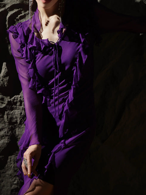 Ruffled Mulberry Silk Maxi Dress – Elegant Waist-Cinching Sheer Long Sleeve Summer Dress