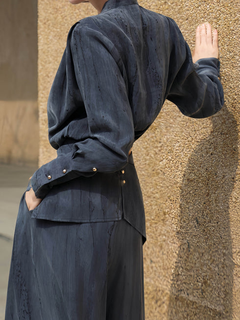 Textured Wrap V-Neck Blouse & Wide-Leg Pants Set – Sculpted Waist Elegant Two‑Piece