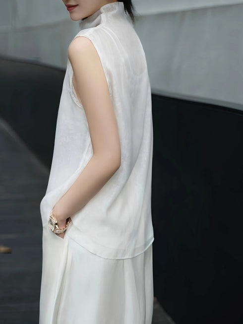 Silk-Texture Jacquard Mandarin Collar Sleeveless Blouse – Lightweight Double-Layer Summer Top