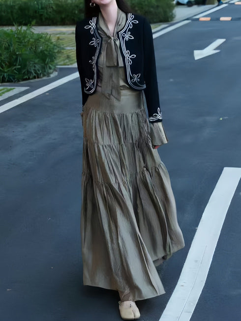 Acetate Tie‑Neck Blouse & Tiered Maxi Skirt Set – Resort Elegance Two‑Piece Outfit