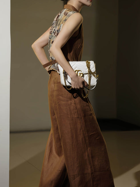 Vintage Linen Tailored Vest & Wide‑Leg Pants Set – Back Print Designer Two‑Piece Suit