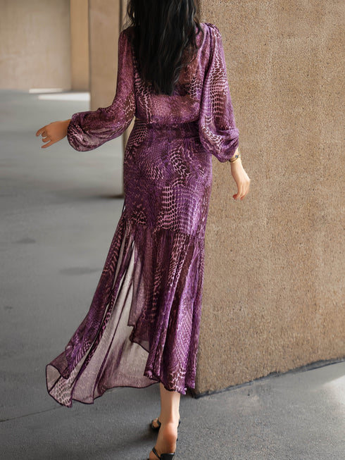 French Elegant Leopard Print Puff Sleeve Wrap Top & Mermaid Skirt Set – Luxe Waist-Cinching Two-Piece Dress