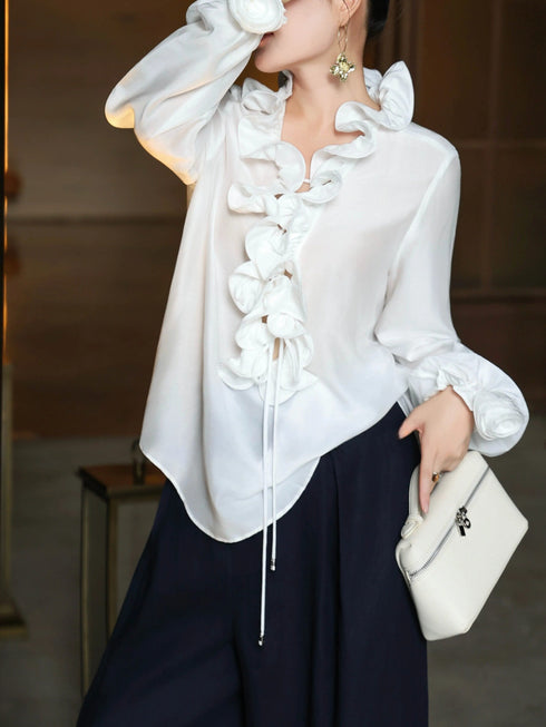 Romantic White V‑Neck Ruffle Tie Blouse – Sculpted Rose Trim Long Sleeve Vintage Shirt