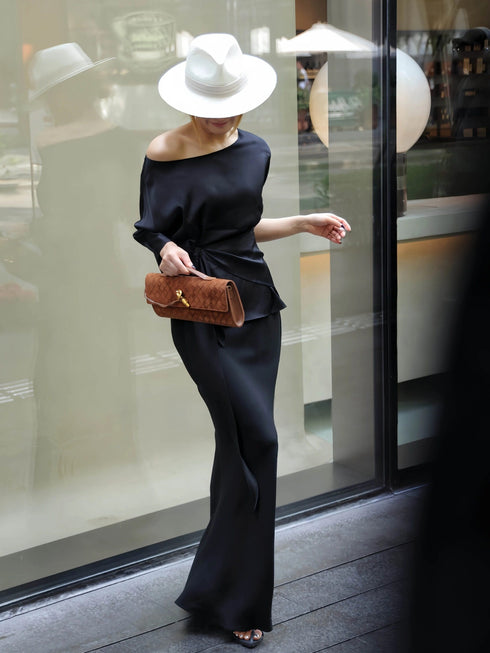 100% Mulberry Silk Asymmetric One-Shoulder Draped Top – Waist-Tie Elegant Long Sleeve Blouse