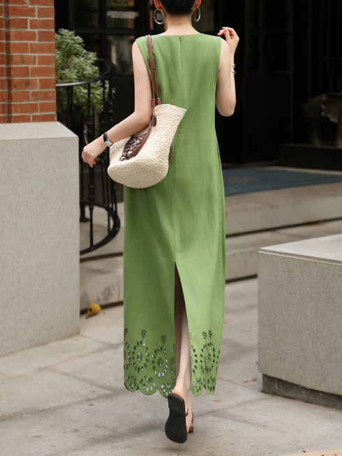 100% Linen Sleeveless Midi Dress – Vintage Cutout Hem Summer Waist-Defined Dress